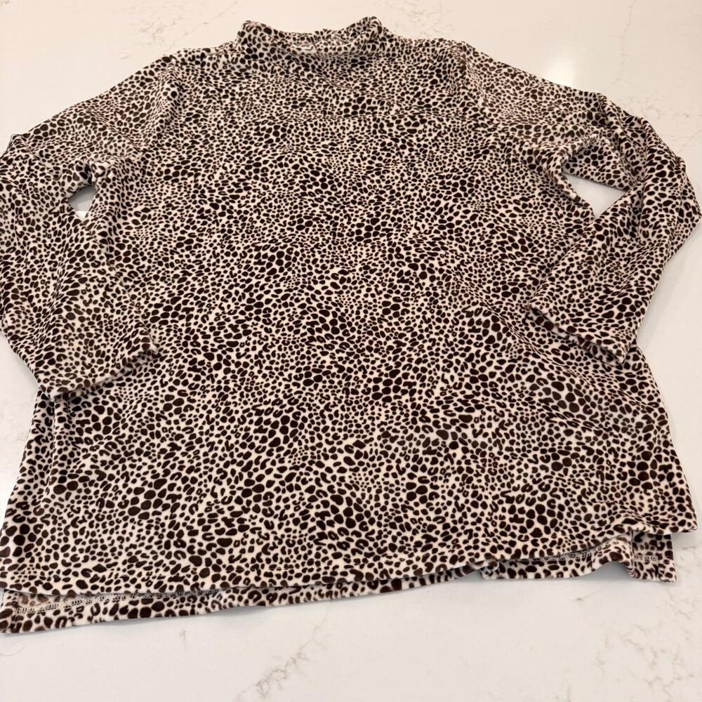 Lands' End Leopard Print Velour Mock Neck Top Women's XL Soft Stretch